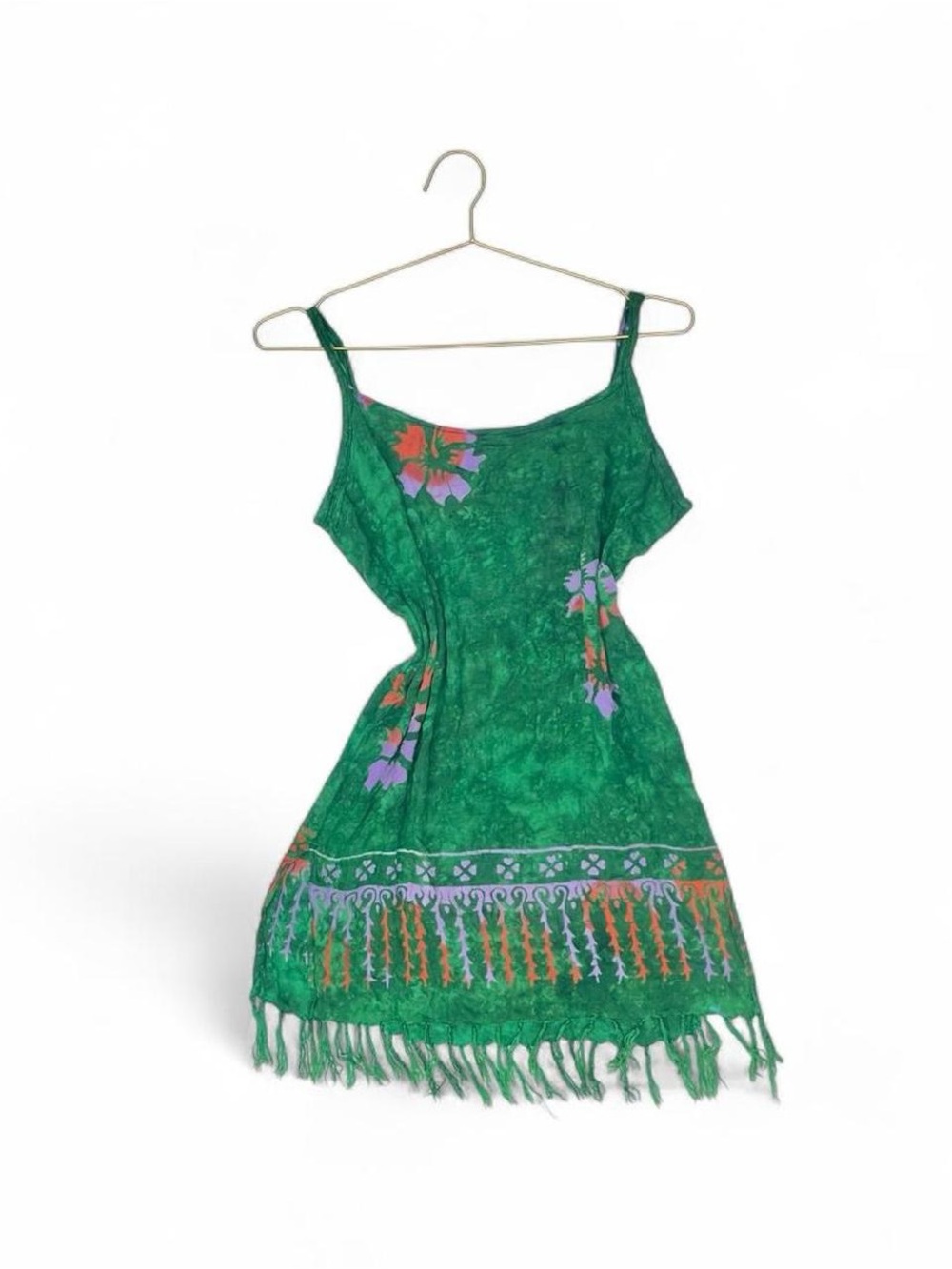 Green Floral Batik Fringe Mini Dress Boho Festival Fairycore - Size Small